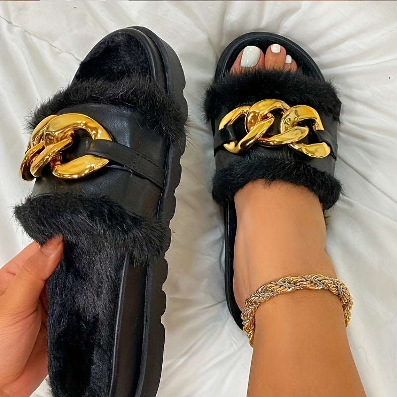 Womens Cozy Woolen Open Toe Slippers - Ultra-Soft Plush Lining, Thick and Warm Flat Sole, Elegant Golden Chain Accent - Perfect for Autumn and Winter Home Lounging